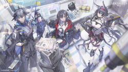 1boy 2girls absurdres animal_ears arknights black_footwear black_gloves black_hair black_jacket blaze_(arknights) blue_eyes box breasts cat_ears cat_girl cat_tail chair closure_(arknights) computer_mouse demon_boy demon_horns drone gloves grey_hair highres holding holding_box holding_pen horns id_card infection_monitor_(arknights) jacket logos_(arknights) long_hair magic multiple_girls nib_pen_(object) office_chair official_art open_clothes open_jacket paper pen pointy_ears red_eyes runes shirt swivel_chair tail two_side_up white_shirt yoshimoto_(dear_life)