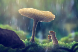 animal au_ito backlighting bloom blurry blurry_background blurry_foreground chipmunk commentary_request day depth_of_field highres holding holding_acorn moss mushroom nature no_humans original outdoors rain squirrel water_drop