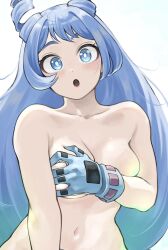 1girl :o blue_eyes blue_gloves blue_hair blush boku_no_hero_academia breasts cosplay covering_breasts covering_privates drill_hair fengling_(furin-jp) gloves grabbing_own_breast hado_nejire hagakure_toru hagakure_toru_(cosplay) hair_horns highres large_breasts long_hair looking_at_viewer medium_breasts naked_gloves navel nude open_mouth simple_background smile solo twin_drills very_long_hair white_background