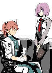 1boy 1girl ahoge black-framed_eyewear black_pantyhose club3 cup fate/grand_order fate_(series) hair_over_one_eye highres holding holding_cup jacket lab_coat long_sleeves looking_at_viewer mash_kyrielight name_tag necktie one_eye_covered orange_hair pantyhose pleated_skirt ponytail purple_eyes purple_hair red_neckwear romani_archaman semi-rimless_eyewear short_hair simple_background sitting skirt smile under-rim_eyewear v_arms white_background yellow_eyes
