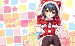 1girl :o alternate_costume ambitious_mission animal_ear_hood animal_ears black_thighhighs blush bow bowtie box breasts brown_eyes capelet cat_ears christmas cleavage colored_eyelashes company_name convenient_leg cowboy_shot dress dress_bow earrings fake_animal_ears fur-trimmed_capelet fur-trimmed_dress fur-trimmed_gloves fur-trimmed_hood fur_trim gift gift_box gloves hair_between_eyes hands_up highres hood hood_up ishikawa_yae jewelry looking_at_viewer merry_christmas official_art official_wallpaper open_mouth outline pom_pom_(clothes) red_bow red_capelet red_dress red_gloves santa_costume santa_dress short_dress simple_background sitting solo sparkle star_(symbol) star_earrings striped_bow striped_bowtie striped_clothes stuffed_animal stuffed_rabbit stuffed_toy tareme thighhighs toranosuke white_outline
