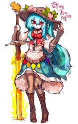 Rule 34 | 1girl, absurdres, black gloves, black hat, blue hair, blue skirt, boots, bow, bowtie, brown boots, center frills, fingerless gloves, frills, gloves, hat, highres, hinanawi tenshi, holding, holding sword, holding weapon, korean text, long hair, looking at viewer, rainbow order, rampa93, red bow, red bowtie, red eyes, simple background, skirt, solo, sword, sword of hisou, touhou, translation request, weapon, white background