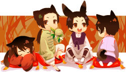 Rule 34 | 4boys, animal ears, axis powers hetalia, bamboo, brown eyes, brown hair, cat boy, cat ears, cat tail, changpao, chibi, china (hetalia), chinese clothes, commentary request, dog boy, dog ears, dog tail, eating, full body, hanbok, hong kong (hetalia), honnomusi323, japan (hetalia), kemonomimi mode, korean clothes, long hair, looking at another, looking at viewer, low ponytail, male focus, multiple boys, orange background, panda boy, panda ears, panda tail, pillow, ponytail, rabbit boy, rabbit ears, short hair, sitting on pillow, sleeping, sleeves past fingers, sleeves past wrists, south korea (hetalia), tail, white hanbok