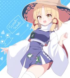 1girl absurdres animal_print blonde_hair blue_background breasts brown_hat cowboy_shot cropped_vest darumoon dutch_angle frog_print hair_ribbon hat high-waist_skirt highres long_sleeves looking_at_viewer medium_hair moriya_suwako open_mouth parted_bangs print_vest purple_skirt purple_vest red_ribbon red_sleeves ribbon shirt skirt skirt_set small_breasts smile solo thighhighs touhou tress_ribbon turtleneck two-tone_background vest white_background white_shirt white_thighhighs wide_sleeves yellow_eyes