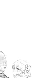 2girls absurdres blush bow closed_mouth dress drill_hair greyscale hair_bow hair_over_shoulder highres kurihara_sakura long_hair low_ponytail monochrome multiple_girls negative_space original ponytail simple_background vest white_background