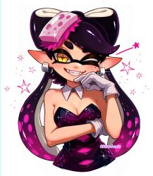 Rule 34 | 1girl, artist name, black hair, breasts, callie (splatoon), callie (squid sisters outfit) (splatoon), cleavage, commentary, detached collar, dress, english commentary, food, food on head, gloves, highres, inkling, long hair, looking at viewer, medium breasts, mole, mole under eye, multicolored hair, nintendo, object on head, one eye closed, pink hair, pointy ears, ribonhaato, short eyebrows, smile, solo, sparkle, splatoon (series), star-shaped pupils, star (symbol), strapless, strapless dress, symbol-shaped pupils, teeth, tentacle hair, thick eyebrows, twitter username, two-tone hair, watermark, white background, white gloves, yellow eyes