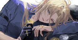 1boy ahoge arm_strap black_gloves blonde_hair collared_shirt fang fractalmagnolia gloves gold_ring green_eyes half_gloves head_rest heterochromia highres holding hugo_vlad jewelry long_hair looking_at_object male_focus multiple_rings parted_lips pointy_ears purple_shirt red_eyes ring shirt single_glove sleeves_rolled_up solo zenless_zone_zero