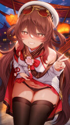 1girl absurdres black_panties black_thighhighs brown_hair clothes_lift dress dress_lift eyewear_on_head flower-shaped_pupils genshin_impact grin hair_rings hat heart highres hu_tao_(cherries_snow-laden)_(genshin_impact) hu_tao_(genshin_impact) lantern long_hair looking_at_viewer m-da_s-tarou navel official_alternate_costume panties red-tinted_eyewear red_skirt skindentation skirt skirt_lift smile solo symbol-shaped_pupils thighhighs tinted_eyewear underwear v very_long_hair white_dress white_hat