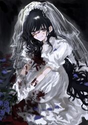 1girl akai_ringo_(eveyuno) black_hair black_headdress blood blood_on_face breasts choker dress elbow_gloves gloves goth_fashion highres indoors lolita_fashion long_sleeves looking_at_viewer non-web_source original solo white_dress white_gloves