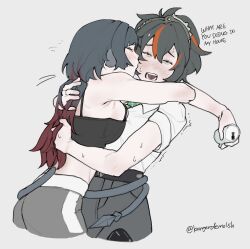 2girls animal_ears black_camisole black_hair black_pants blush breast_press breasts camisole can closed_eyes colored_tips commentary cropped_legs drunk english_text grey_background highres hug jane_doe_(zenless_zone_zero) kiss large_breasts meous mouse_ears mouse_tail multicolored_hair multiple_girls open_mouth pants shirt simple_background sleeves_rolled_up sweatdrop symbol-only_commentary tail tail_around_waist white_shirt yuri zenless_zone_zero zhu_yuan