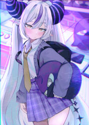 1girl absurdres backpack bag black_horns blush bow bowtie demon_girl grey_jacket highres holding hololive horns indoors jacket la+_darknesss long_sleeves looking_at_viewer multicolored_hair nemuta_muu plaid_clothes plaid_skirt pleated_skirt pointy_ears purple_hair purple_horns purple_skirt school_uniform shirt skirt solo streaked_hair striped_horns virtual_youtuber white_shirt yellow_bow yellow_bowtie yellow_eyes