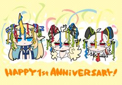 2girls black_choker black_eyes black_horns blonde_hair blue_eyes blue_hair chibi chibi_only choker closed_mouth colored_inner_hair commentary_request confetti curled_horns dog-san dual_persona earrings english_text fleurdelys_(wuthering_waves) highres horns jewelry key_earrings long_hair looking_at_viewer mole mole_under_eye multicolored_eyes multicolored_hair multiple_girls necktie pointy_ears red_eyes red_necktie shirt single_horn streaked_hair two-tone_eyes white_shirt wuthering_waves yellow_horns zani_(wuthering_waves)