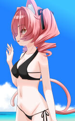 1girl :d animal_ear_fluff animal_ears bare_arms bare_shoulders beach bikini black_bikini black_ribbon blue_sky blush breasts cat_ears cat_girl cat_tail cleavage cloud collarbone day drill_hair eyes_visible_through_hair fang from_side genderswap genderswap_(ftm) groin hair_between_eyes hair_intakes hair_over_eyes hair_ribbon hand_up highres horizon long_hair looking_to_the_side medium_breasts navel ocean open_mouth outdoors pink_hair profile red_eyes ribbon ringlets side-tie_bikini_bottom sky smile solo standing suzuki-shi swimsuit tail tail_raised tsubaki_(vrchat) twin_drills twintails vrchat water
