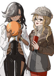 Rule 34 | 2girls, :d, absurdres, ball, black hair, black unitard, bracelet, brown eyes, brown jacket, newsboy cap, centurion (reverse:1999), clothing cutout, cowboy shot, cup, dark-skinned female, dark skin, disposable cup, drinking straw, earrings, glasses, grey hat, grey skirt, grey sweater, grin, hair over one eye, hands up, hat, highres, holding, holding ball, holding cup, jacket, jewelry, long hair, long sleeves, looking at viewer, low ponytail, melania (reverse:1999), miniskirt, multicolored hair, multiple girls, natsugu72, one eye covered, open clothes, open jacket, open mouth, pantyhose, ponytail, red pantyhose, reverse:1999, shirt, side cutout, sidelocks, skirt, smile, streaked hair, sweater, thigh cutout, white background, white hair, white shirt, yellow eyes