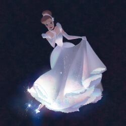 1girl bare_shoulders black_background blonde_hair blue_eyes blue_shoes blush cinderella_(disney_character) cinderella_(disney_movie) commentary disney downturned_eyes dress elbow_gloves english_commentary fireworks frilled_dress frills full_body glass_slipper gloves gown hair_bun hairband hand_on_own_cheek hand_on_own_face happy high_heels highres leaning_to_the_side lipstick long_dress looking_at_self makeup red_lips shoes short_hair simple_background single_hair_bun skirt_hold sleeveless sleeveless_dress solo sparkle standing stardust_axel updo white_dress white_gloves white_hairband