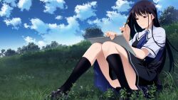 1girl black_dress black_hair black_shoes black_socks blue_dress blue_necktie blue_sky breasts closed_mouth cloud cloudy_sky convenient_leg day dress full_body game_cg grass grisaia_(series) grisaia_no_rakuen highres hill holding holding_pencil holding_sketchbook kneehighs knees_together_feet_apart knees_up long_hair looking_down mihama_private_academy_school_uniform necktie non-web_source official_art on_grass outdoors pencil plaid_clothes plaid_necktie purple_eyes sailor_collar school_uniform shirt shoes short_dress short_sleeves sitting sketchbook sky socks solo tree two-tone_dress variant_set very_long_hair watanabe_akio white_sailor_collar white_shirt