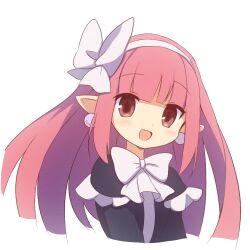1girl black_dress blush bow curakuru demon_girl disgaea dress earrings frills happy head_only jewelry lolita_fashion long_hair looking_at_viewer mage_(disgaea) open_mouth pink_eyes pink_hair pointy_ears ribbon white_background white_bow white_ribbon