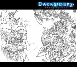 angel angel_wings darksiders death demon highres monochrome paulo_barrios pencils sword tagme war_(darksiders) weapon wings