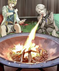 2boys ahoge animal_ears arknights belt blonde_hair blue_eyes blue_vest bobbing_(arknights) breath_weapon breathing_fire brown_jacket brown_pants camping_chair closed_eyes collarbone collared_shirt dog_boy dog_ears dog_tail fanny_pack fence fire food furrowed_brow grass green-tinted_eyewear grey_shorts hair_between_eyes highres holding holding_food holding_plate hood hood_down hooded_jacket jacket jewelry male_focus multiple_boys multiple_necklaces necklace necktie open_mouth orange_rope pants plate pulls200 purple_necktie rope shirt shorts sitting sunglasses tail teeth tequila_(arknights) thick_eyebrows thigh_strap tied_hoodie_strings tinted_eyewear vest white_hair white_shirt yellow_belt
