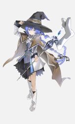 1girl absurdres adjusting_clothes adjusting_headwear arm_up black_hat black_ribbon black_skirt black_socks blue_eyes blue_hair boots braid brown_capelet brown_cloak capelet cloak closed_mouth crossed_bangs full_body hair_between_eyes hair_ribbon hat highres holding holding_staff knee_boots kneehighs large_hat long_braid long_hair long_sleeves looking_at_viewer mage_staff milbi mushoku_tensei ribbon roxy_migurdia shirt simple_background skirt smile socks solo staff standing twin_braids white_boots white_shirt witch_hat