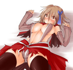 Rule 34 | 1girl, assassin cross (ragnarok online), blue bow, blush, bow, breasts, brown eyes, brown hair, brown leotard, brown sleeves, brown thighhighs, cameltoe, cape, commentary request, covered erect nipples, cowboy shot, detached sleeves, hair between eyes, hair bow, kaminagi (kaminagi-tei), large breasts, leotard, long bangs, lying, medium hair, navel, nose blush, on back, open mouth, push down, ragnarok online, red cape, red scarf, revealing clothes, scarf, solo, thighhighs, torn cape, torn clothes, torn scarf, waist cape, white background