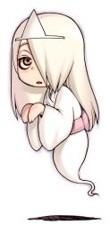 Rule 34 | 1girl, chibi, commentary request, expressionless, floating, full body, ghost, ghost tail, hair over one eye, hijiri rei, japanese clothes, kimono, looking at viewer, open mouth, original, solo, triangular headpiece, white kimono