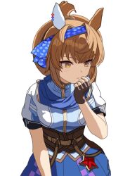 1girl animal_ear_piercing animal_ears blue_hairband blue_scarf commentary_request ear_covers furioso_(umamusume) h00y0iz2ml8pbq5 hair_intakes hair_rings hair_tuft hairband horse_ears horse_girl medium_hair orange_hair puffy_short_sleeves puffy_sleeves scarf short_sleeves sidelocks simple_background single_ear_cover single_hair_ring solo umamusume upper_body white_background yellow_eyes