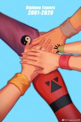 absurdres blue_background bridal_gauntlets claws commentary_request copyright_name digimon digimon_tamers fingernails guilmon hand_focus highres lee_jianliang makino_ruki matsuda_takato powerlesssong renamon simple_background terriermon wristband yin_yang