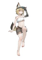 1girl absurdres adjusting_clothes adjusting_headwear animal_ears arknights arm_up bare_shoulders barefoot black_tail blonde_hair breasts bright_pupils camisole chinese_commentary closed_mouth collarbone commentary_request crop_top fang feet full_body grey_shorts gu-hsien highres invisible_chair material_growth mechanical_arms navel orange_eyes oripathy_lesion_(arknights) partial_commentary short_hair shorts simple_background single_mechanical_arm sitting skin_fang small_breasts smile solo spaghetti_strap stomach tail toes torn_clothes vermeil_(arknights) visor_cap white_background white_camisole white_pupils yellow_tail