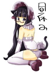 Rule 34 | 1girl, animal ears, back, bare shoulders, black hair, blunt bangs, bonnet, cat ears, cat girl, cat tail, collar, detached collar, elbow gloves, frilled collar, frills, glasses, gloves, high heels, highres, long hair, looking at viewer, original, panties, pink bonnet, pink panties, pink thighhighs, purple eyes, red shoes, semi-rimless eyewear, shoes, simple background, sitting, solo, strappy heels, tail, thighhighs, underwear, veloexotica, very long hair, wariza, white background