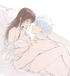 Rule 34 | 1boy, 1girl, bare legs, bare shoulders, between legs, blanket, blue eyes, breasts, brown hair, cleavage, collarbone, couple, eeeng l, eye contact, facial mark, feet out of frame, gojou satoru, grin, hair between eyes, hand on another&#039;s back, hand on another&#039;s shoulder, highres, iori utahime, jujutsu kaisen, legs, long hair, looking at another, loose clothes, loose shirt, mature female, mature male, medium breasts, muscular, muscular male, orange eyes, parted lips, partially undressed, scar, scar on face, shirt, short hair, sidelocks, simple background, smile, thighs, topless male, unbuttoned, unbuttoned shirt, white background, white blanket, white hair, white shirt