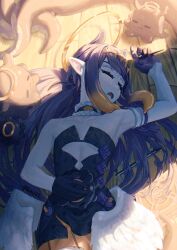 1girl artist_name bare_shoulders black_collar black_dress black_gloves closed_eyes collar cutout_above_navel dress fang feathered_wings flat_chest fur-trimmed_collar fur_trim gloves gradient_hair half_gloves halo headpiece highres hololive hololive_english long_hair low_wings lying multicolored_hair ninomae_ina&#039;nis ninomae_ina&#039;nis_(1st_costume) on_back on_floor open_mouth orange_hair pointy_ears purple_hair ricardo_contreras sidelocks solo strapless strapless_dress takodachi_(ninomae_ina&#039;nis) tentacle_hair very_long_hair virtual_youtuber white_wings wings