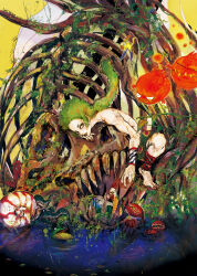 1boy anklet arm_warmers barefoot bird bomb_(final_fantasy) brown_nails chicken creature final_fantasy final_fantasy_vi frog gau green_eyes green_hair highres jewelry leaf leg_warmers lizard long_hair looking_at_viewer oju_(ouka) plant ponytail reflection reflective_water skull solo topless_male water yellow_bird