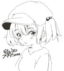 1girl blush breasts cactas7 greyscale hair_bobbles hair_ornament hat highres kawashiro_nitori looking_at_viewer medium_breasts monochrome open_mouth shirt short_sleeves simple_background solo t-shirt touhou upper_body