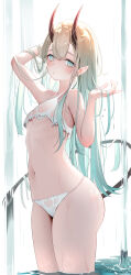 1girl absurdres arm_up blue_eyes breasts crop_top demon_girl demon_horns demon_tail grey_hair hand_in_own_hair head_tilt highres horns long_hair looking_at_viewer navel original panties sikimosh small_breasts solo standing tail teeth underwear underwear_only wading wet wet_clothes white_panties