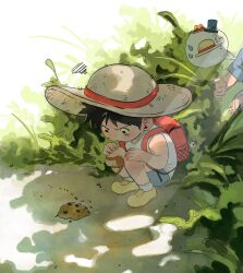 3boys aged_down bag bag_charm bandaid black_hair blue_coat blue_shorts bug c_a_k_e charm_(object) child coat commentary fly full_body hat highres insect male_focus monkey_d._luffy multiple_boys one_piece sabo_(one_piece) scar scar_on_face short_hair shorts shoulder_bag squatting squiggle straw_hat symbol-only_commentary tank_top white_tank_top