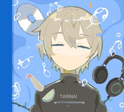 1girl air_bubble black_sweater blonde_hair blue_background bubble cd closed_eyes commentary expressionless facing_viewer food fruit hair_between_eyes headphones headphones_removed highres hoshimiya_toto indie_virtual_youtuber lime_(fruit) lime_slice media_player_interface no_mouth short_hair shrimp shrimp_tempura solo song_name sweater symbol-only_commentary tempura turtleneck turtleneck_sweater underwater upper_body yuurei_(0530sinsatona)