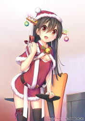 10s 1girl :d artist_name bell belt belt_buckle black_hair black_thighhighs blush bow box breasts brown_eyes buckle chair christmas christmas_lights christmas_ornaments cleavage_cutout clothing_cutout dress female_focus fur_trim gift gift_box hair_ornament haruna_(kancolle) hat holding holding_gift kantai_collection kuro-kun_(nablack) long_hair looking_at_viewer low-cut office_chair open_mouth santa_costume santa_hat sideboob simple_background small_breasts smile solo swivel_chair thighhighs v-neck zettai_ryouiki