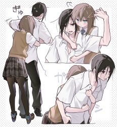 1boy 1girl :t absurdres annoyed aqua_eyes black_eyes black_hair black_pantyhose black_skirt blush brother_and_sister brown_hair brown_sweater_vest dress_shirt hair_ornament hairclip height_difference highres hug hug_from_behind loafers looking_at_another mamiya_hasaki miniskirt mofukoke multiple_views pantyhose plaid_clothes plaid_skirt pleated_skirt polka_dot polka_dot_background puff_of_air school_uniform shirt shoes short_hair short_sleeves siblings skirt standing subarashiki_hibi sweatdrop sweater_vest v-shaped_eyebrows white_background white_shirt yuuki_tomosane