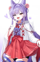 Rule 34 | 1girl, absurdres, cone hair bun, fang, fox tail, gradient background, hair bun, hair ornament, hair rings, heterochromia, highres, kosode, pom pom (clothes), pom pom hair ornament, purple hair, purple tail, skin fang, sobayaki18, stellive, tail, tenko shibuki, virtual youtuber
