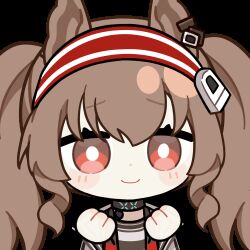 1girl :q angelina_(arknights) animal_ears animated animated_gif arknights black_choker blinking blush bright_pupils brown_hair chinese_commentary choker coat commentary_request disembodied_hand dot_nose earpiece fox_ears hair_between_eyes hairband infection_monitor_(arknights) jacket long_hair looking_at_another looking_at_viewer lowres material_growth open_clothes open_coat open_jacket oripathy_lesion_(arknights) red_eyes red_hairband red_jacket skland_1530589596514 smile solo striped_clothes striped_hairband tongue tongue_out transparent_background twintails two-tone_hairband white_coat white_pupils