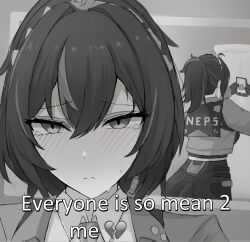 1girl ass blush broken_heart cellphone collared_shirt commentary emoji english_text everyone_is_so_mean_2_me_(meme) frown gloves greyscale hair_between_eyes hands_up heart highres holding holding_phone huge_ass jacket looking_at_object looking_at_viewer meme mirror monochrome namikare necktie pants phone police police_uniform ponytail selfie shirt short_hair smartphone solo symbol-only_commentary tearing_up zenless_zone_zero zhu_yuan