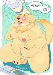 2boys absurdres animal_ears artist_name bare_pectorals belly biceps body_markings claws colored_tips commentary completely_nude cu_sith_(housamo) dog_boy dog_ears dog_nose dog_tail english_commentary english_text fangs fat fat_man flaccid floppy_ears foreskin furry furry_male heart heart-shaped_pupils highres kneeling leib_(housamo) looking_at_another looking_up male_focus mango_(themangolynx) multicolored_hair multiple_boys navel newspaper nipples nude open_mouth paw_pose pectorals penis signature smile speech_bubble steam symbol-shaped_pupils tail testicles tokyo_houkago_summoners white_fur yellow_fur