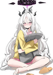 ahoge amia_0423 barefoot black_halo blue_archive commentary demon_girl demon_horns halo highres hina_(blue_archive) hina_(pajamas)_(blue_archive) horns hugging_object jacket long_hair looking_at_viewer pajamas pillow pillow_hug pink_pajamas polka_dot polka_dot_pajamas purple_eyes simple_background sitting white_background white_hair yellow_jacket