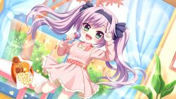 1girl :d accident aged_down black_bow black_hairband bow bowl bush child clumsy cracker curtains day dot_nose dress dutch_angle fang fence film_grain food game_cg green_eyes hair_bow hairband hand_up holding holding_microphone indoors izumi_tsubasu lens_flare long_hair long_sleeves microphone misaki_sango non-web_source official_art open_mouth picture_frame pink_dress plant popcorn purple_hair re:stage! round_table smile socks solo spilling standing standing_on_one_leg table tree twintails v white_socks window wooden_fence wooden_floor
