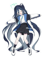 1girl :d ^_^ absurdly_long_hair absurdres aqua_halo aqua_necktie aris_(blue_archive) artist_name beko_(beco_1122) black_hairband black_jacket black_skirt black_socks blue_archive blue_hair blue_jacket blush closed_eyes collared_shirt facing_viewer floating_neckwear full_body hair_between_eyes hairband halo happy highres jacket leaning_to_the_side long_hair long_hair_between_eyes long_sidelocks long_sleeves multicolored_jacket necktie non-web_source one_side_up open_clothes open_jacket open_mouth outstretched_arms parted_bangs pleated_skirt rectangular_halo resized school_uniform shirt shirt_tucked_in shoes sidelocks simple_background skirt sleeves_past_wrists smile sneakers socks solo spread_arms standing third-party_edit third-party_source twitter_username two-sided_fabric two-sided_jacket upscaled very_long_hair white_background white_jacket white_shirt white_shoes