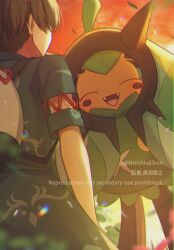 Rule 34 | 0roshioji3ran, 1boy, :d, backpack, bag, blurry, brown hair, commentary request, falling leaves, fangs, florian (pokemon), green shirt, green shorts, happy, highres, leaf, male focus, nintendo, ogerpon, open mouth, outdoors, pokemon, pokemon (creature), pokemon sv, shirt, short hair, short sleeves, shorts, sky, smile, tongue, twilight, twitter username, watermark