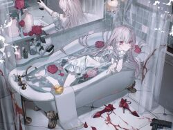 1girl absurdres arm_rest bathroom bathtub blood blood_stain closed_mouth commentary_request commission different_reflection dress finger_on_trigger flower_on_liquid frilled_wrist_cuffs frills full_body grey_hair gun hair_between_eyes hair_brush hair_flowing_over hand_on_own_cheek hand_on_own_face handgun hanging_light high_heels highres holding holding_gun holding_weapon implied_murder in_bathtub indoors iwai_ku_tsuki long_hair looking_at_viewer mirror off-shoulder_dress off_shoulder original partially_submerged red_eyes red_ribbon red_shoes reflection ribbon rubber_duck shoes shower_curtain skeb_commission smile soap_bottle solo tile_floor tile_wall tiles towel unworn_shoes very_long_hair water watermark weapon white_dress wrist_cuffs