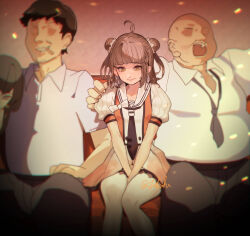 2boys 2girls absurdres antenna_hair black_neckerchief black_pants brown_hair buttons collared_shirt double-breasted double_bun dress_shirt faceless faceless_male fat fat_man feet_out_of_frame fuwafuwatoufu hair_bun highres kantai_collection multiple_boys multiple_girls naka_(kancolle) naka_kai_ni_(kancolle) neckerchief one-hour_drawing_challenge orange_shirt pants puffy_short_sleeves puffy_sleeves sailor_collar school_uniform serafuku shirt short_hair short_sleeves sitting thighhighs white_sailor_collar white_shirt white_thighhighs