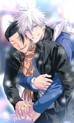 2boys black_hair black_jacket black_pants blue_eyes blue_jacket blurry blurry_background brown_scarf closed_eyes getou_suguru gojou_satoru hair_pulled_back high_collar hood hug hug_from_behind jacket jujutsu_kaisen long_sleeves looking_at_viewer male_focus multiple_boys open_clothes open_jacket open_mouth pants plug_(piercing) scarf short_hair smile teeth tekla tongue twitter_username white_hair yaoi
